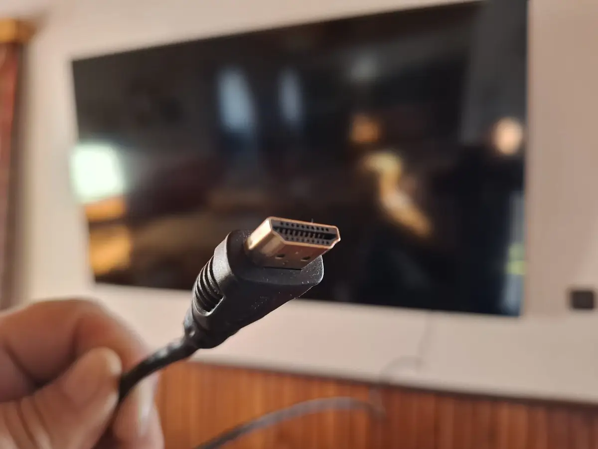 Kabel HDMI v ruce před velkoplošnou televizí ve společenské místnosti