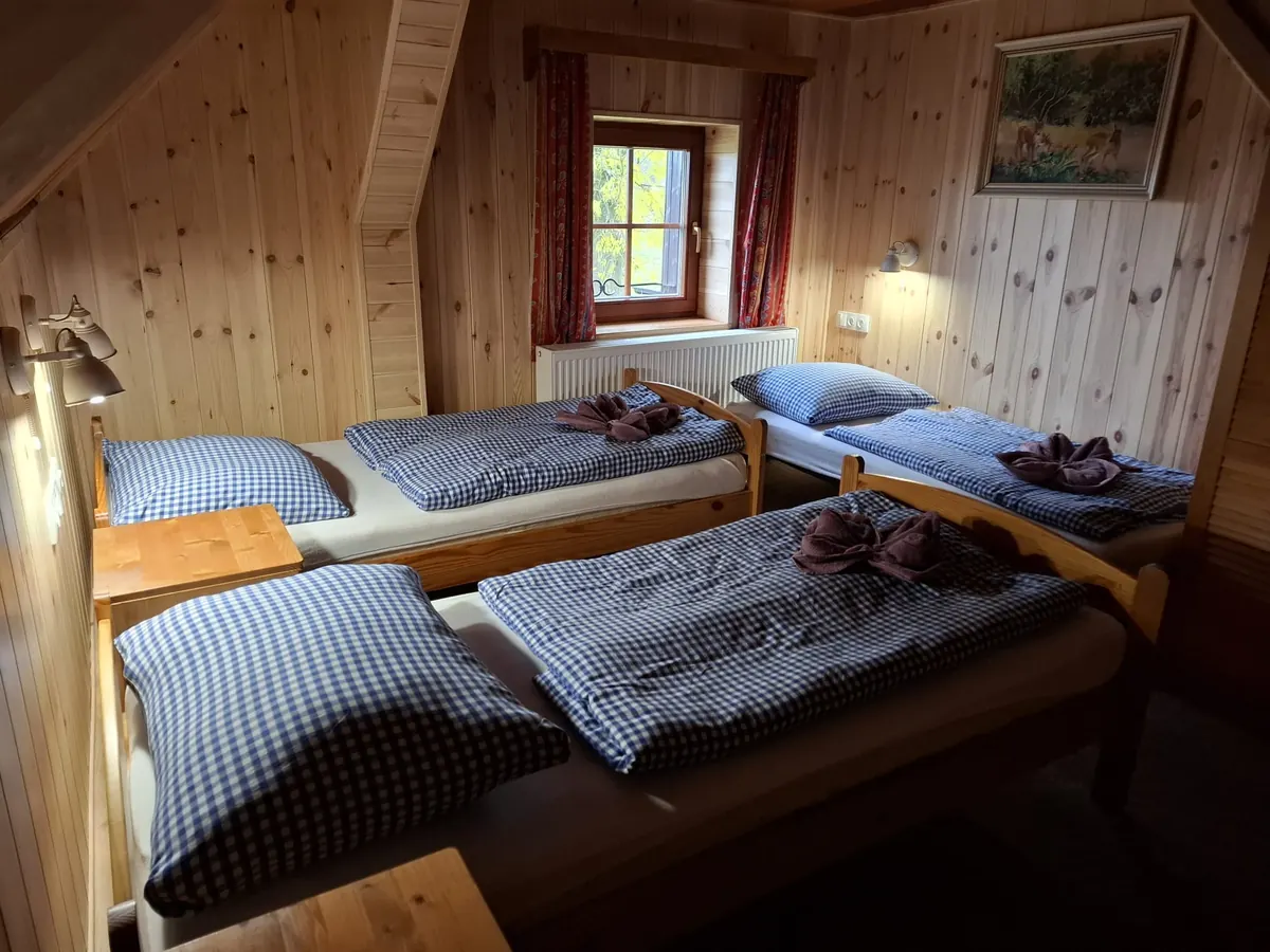 Pokoj 6 v podkroví: tři jednolůžka s modrobílým kostkovaným povlečením pod šikmým stropem z palubek